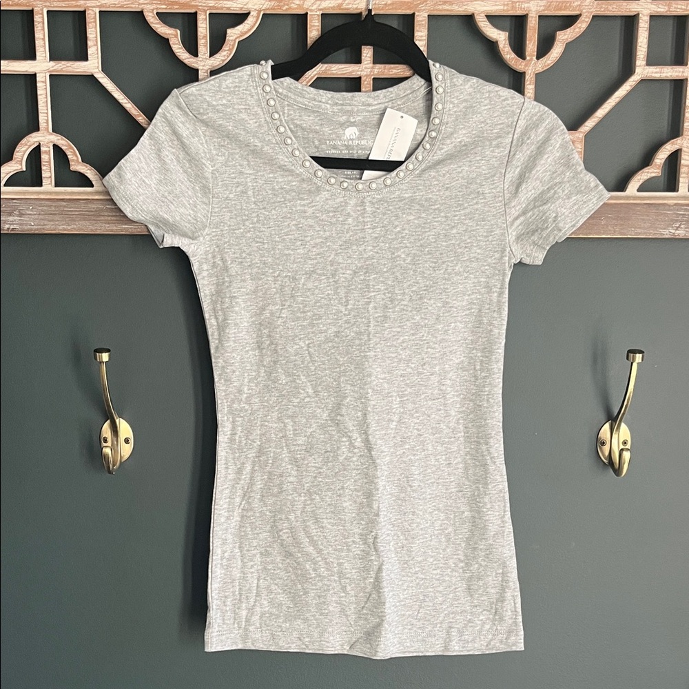 Banana Republic Light Gray Top with Pearl Neckline Details